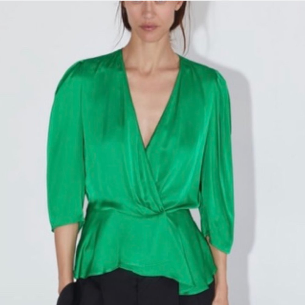 ZARA New Satin Wrap Blouse - Emerald Green - S - Picture 2 of 6